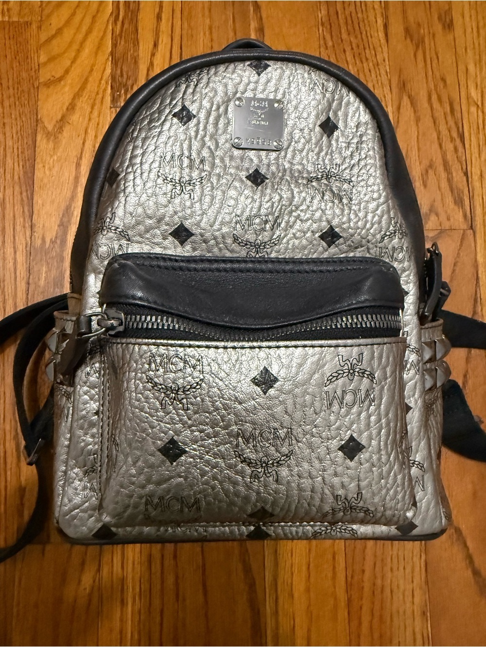 MCM Silver Metallic Logo Mini Backpack with Black Trim